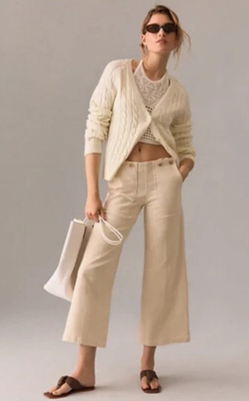 PILCRO The Kit Cropped Trouser Jeans Cream Wide Leg Button Zip Women's 27